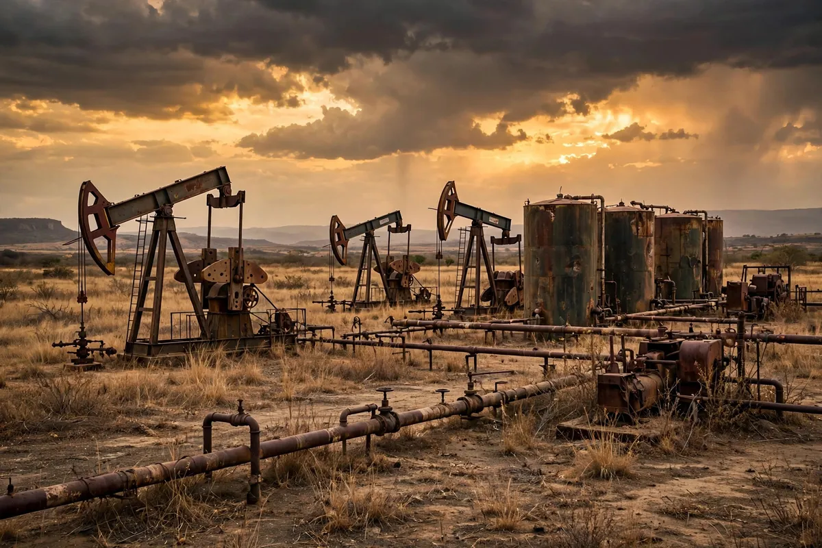 Balancines y tanques oxidados en un campo petrolero al atardecer, imagen de apoyo sobre la industria petrolera venezolana