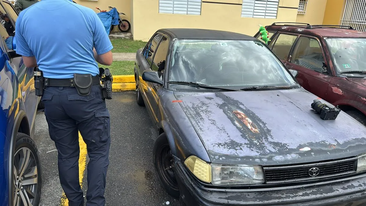 Un agente de espaldas junto al vehículo ocupado durante el allanamiento en el residencial Brisas de Cayey