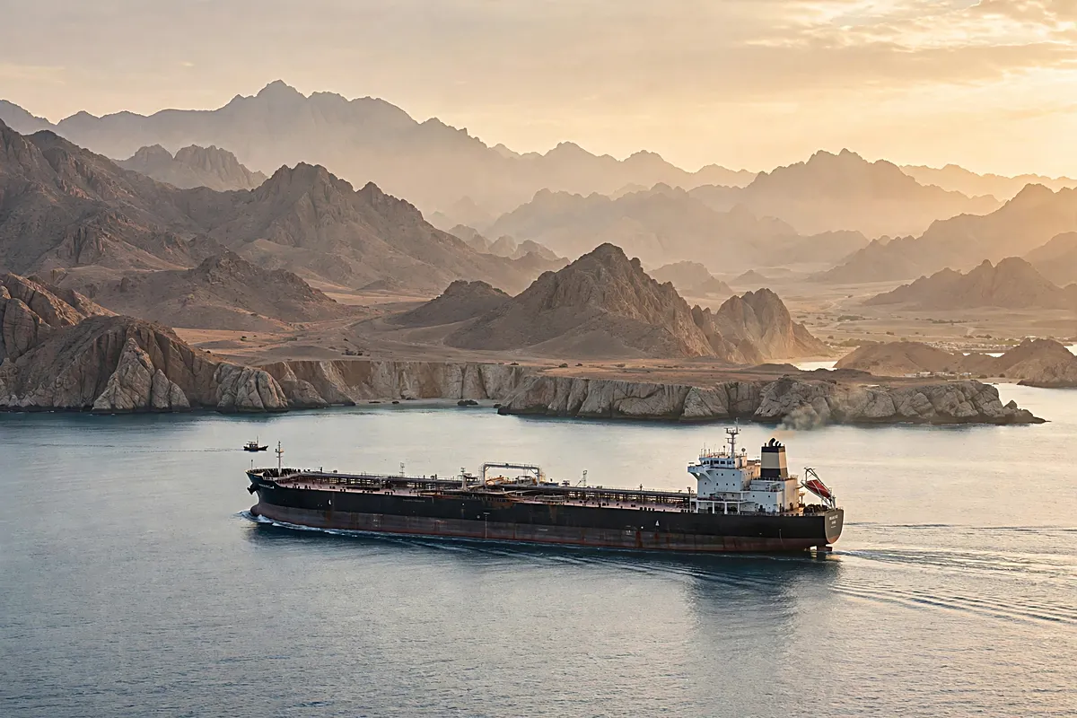 Un gran petrolero navega por un estrecho de aguas tranquilas frente a una costa árida y montañosa al amanecer, con una embarcación pequeña a lo lejos