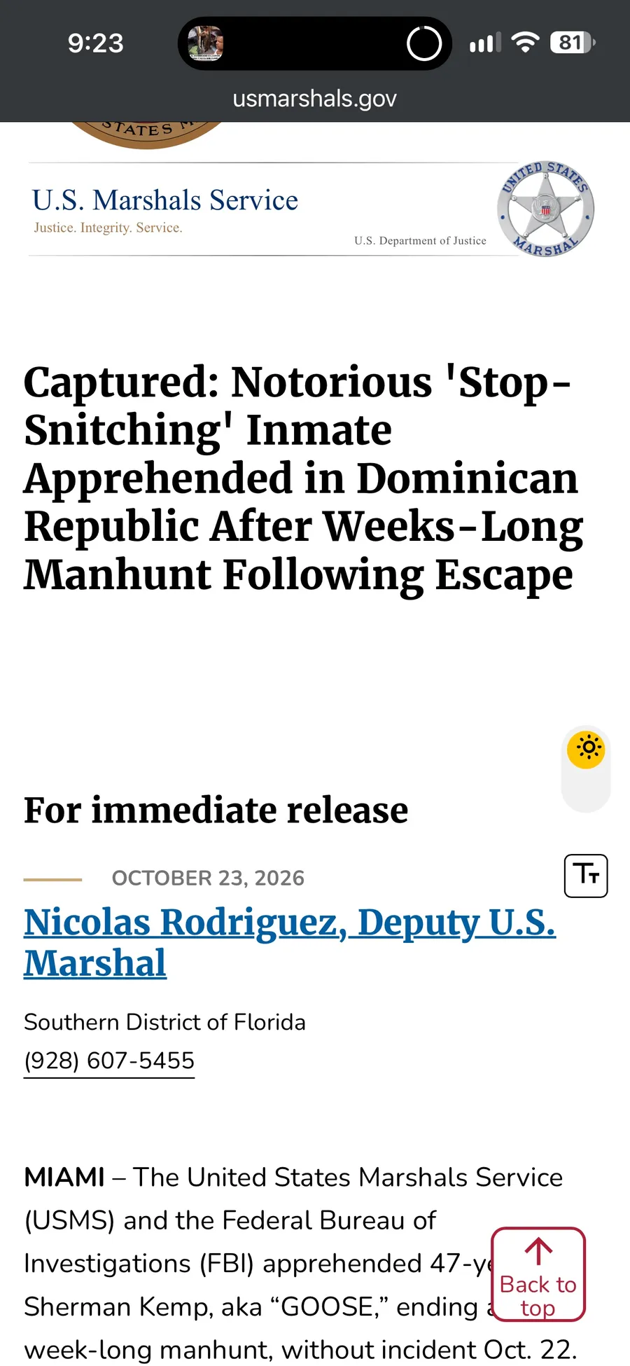 Captura del comunicado oficial del Servicio de Alguaciles de Estados Unidos que anuncia la captura de Sherman Kemp en República Dominicana