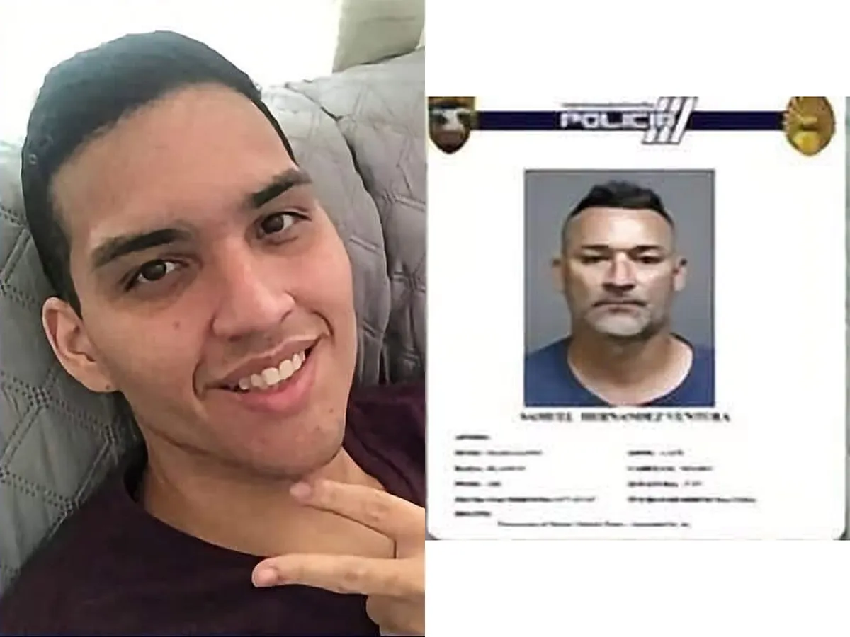 José Luis Ortiz Peña, sonriendo mientras descansa en un sofá, a la izquierda; a la derecha, la ficha policial de Samuel Hernández Ventura con su fotografía de fichaje.