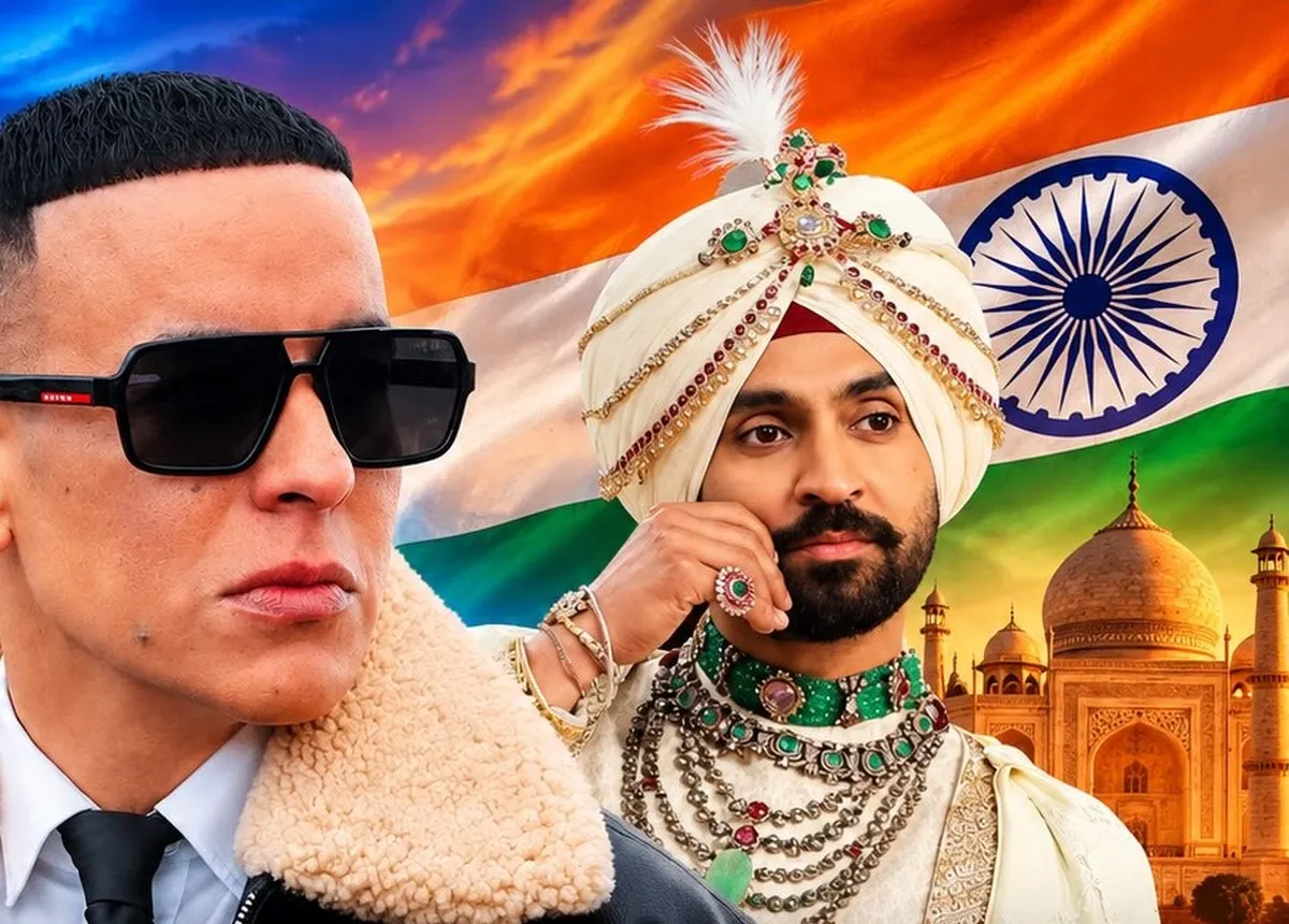 Daddy Yankee con gafas de sol y chaqueta de cuello de lana junto a Diljit Dosanjh con turbante blanco y joyas tradicionales indias, ante las banderas de Puerto Rico y la India y el Taj Mahal