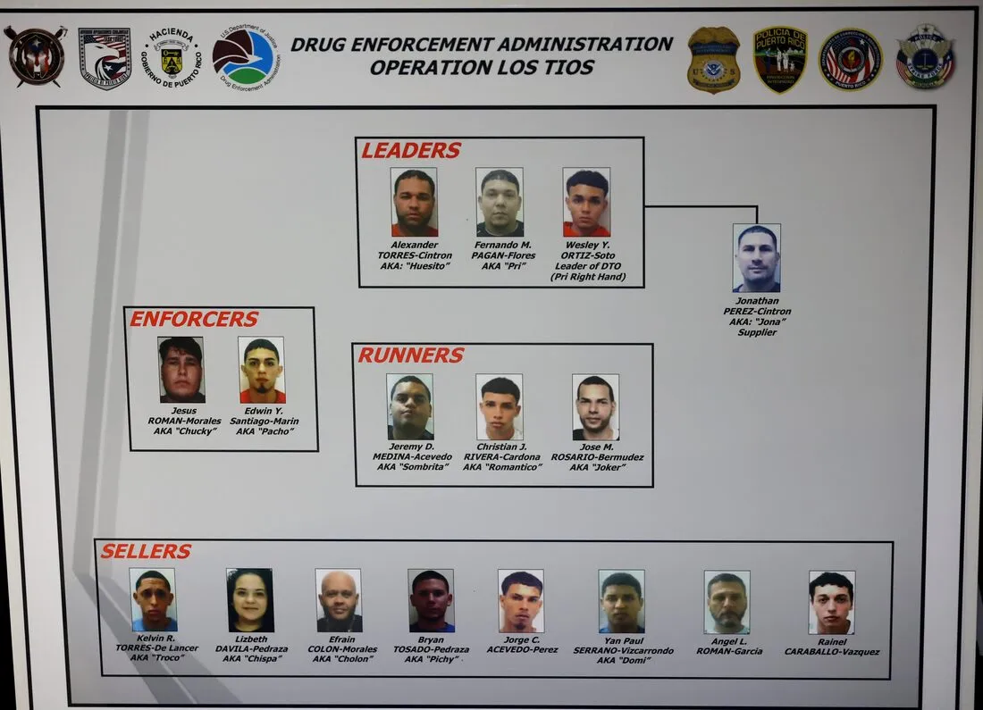 Organigrama oficial de la DEA con los 17 acusados de la Operación Los Tíos y sus roles dentro de la organización