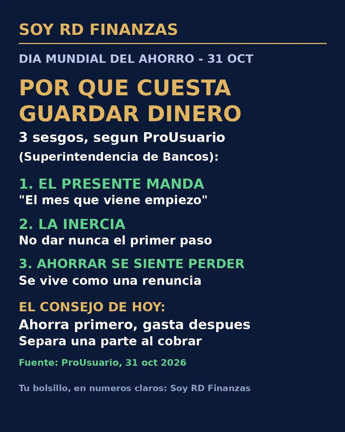 Gráfico azul marino y dorado de Soy RD Finanzas sobre el Día Mundial del Ahorro con los tres sesgos que dificultan guardar dinero y el consejo de ahorrar primero y gastar después