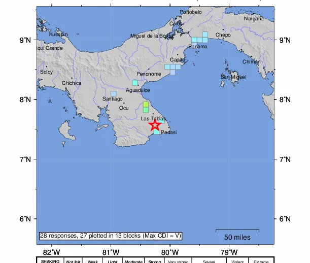 Mapa oficial del Servicio Geológico de Estados Unidos (USGS) de Panamá, con una estrella roja que marca la zona del epicentro en la provincia de Los Santos, en la península de Azuero, entre Las Tablas y Pedasí.