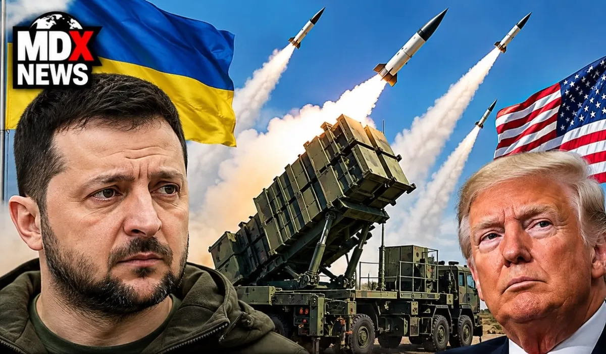 Composición con los presidentes Volodímir Zelenski y Donald Trump junto a una batería de misiles Patriot lanzando interceptores, con las banderas de Ucrania y Estados Unidos