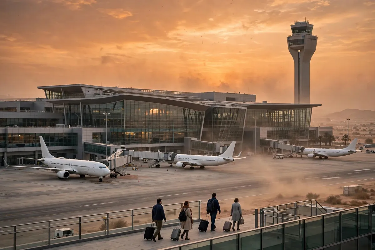 Terminal de un aeropuerto saudí al atardecer, con aviones detenidos en la pista, la torre de control y viajeros con maletas en primer plano