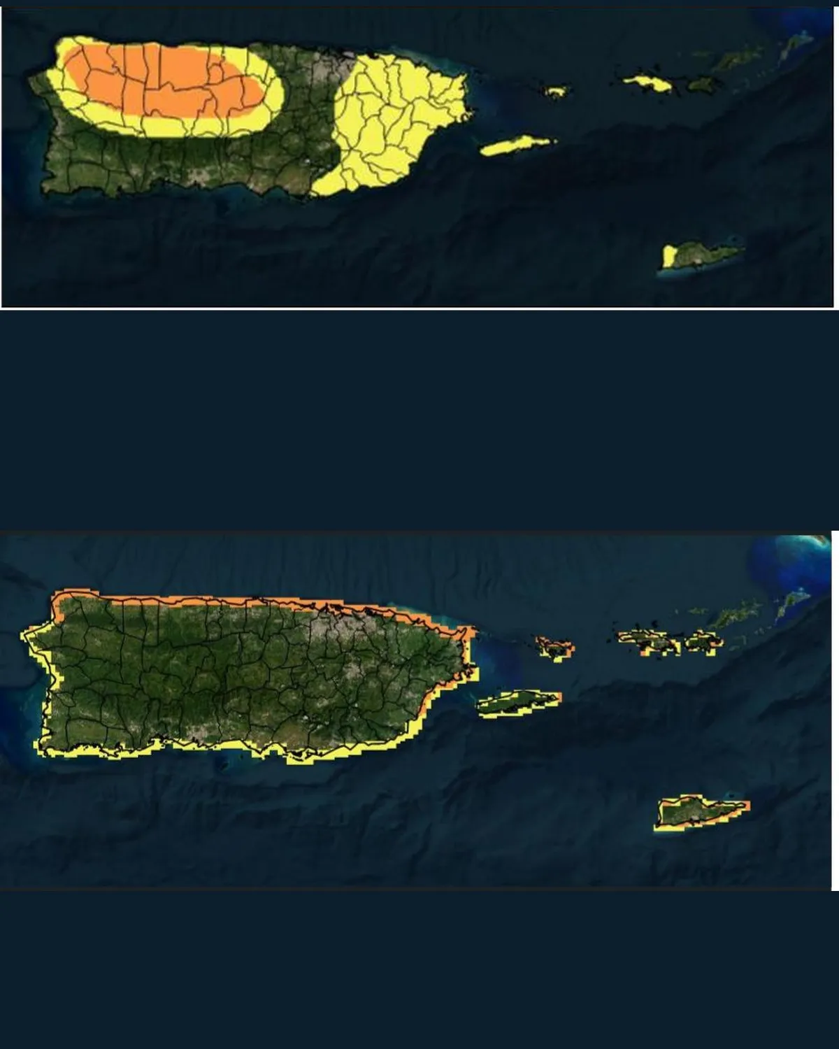 Mapas del Servicio Nacional de Meteorología de San Juan: arriba, el riesgo de inundaciones con el oeste y el interior de Puerto Rico en nivel elevado; abajo, el riesgo moderado de corrientes marinas en la costa norte