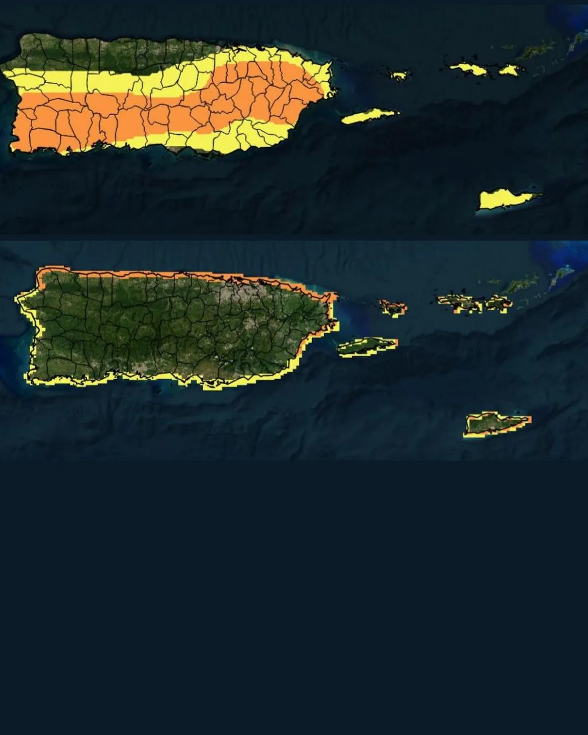 Mapas del Servicio Nacional de Meteorología de San Juan: arriba, el riesgo de inundaciones con nivel elevado en gran parte de Puerto Rico; abajo, el riesgo moderado de corrientes marinas en la costa norte