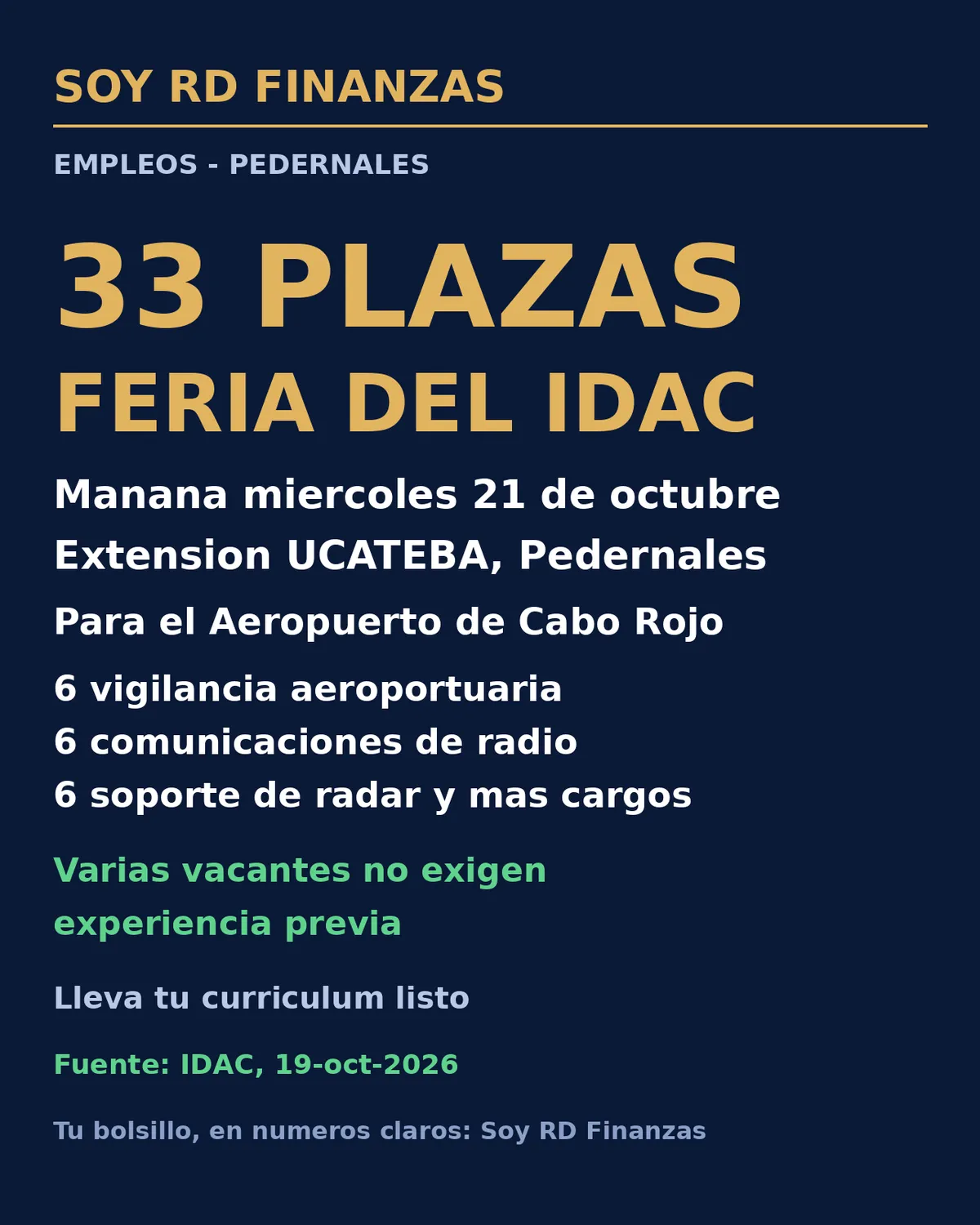 Mañana en Pedernales: 33 plazas en la feria del IDAC para trabajar en el aeropuerto de Cabo Rojo