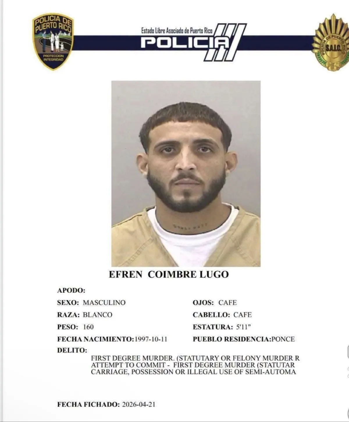 Ficha policial de Efrén Coimbre Lugo