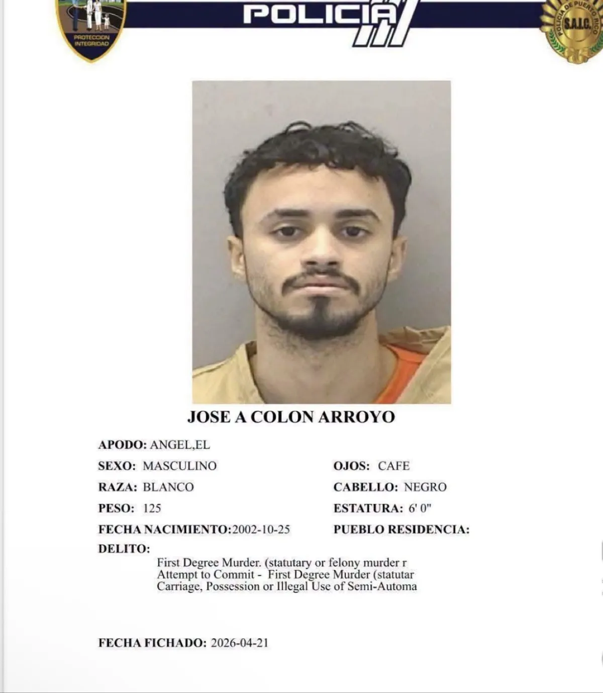 Ficha policial de José A. Colón Arroyo