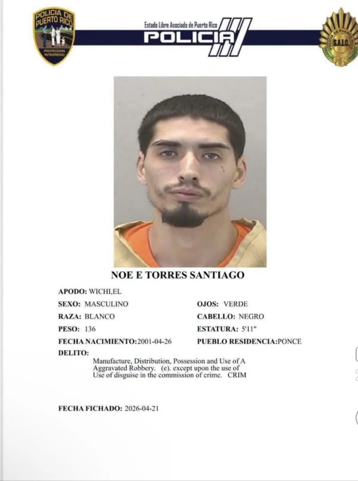 Ficha policial de Noé E. Torres Santiago