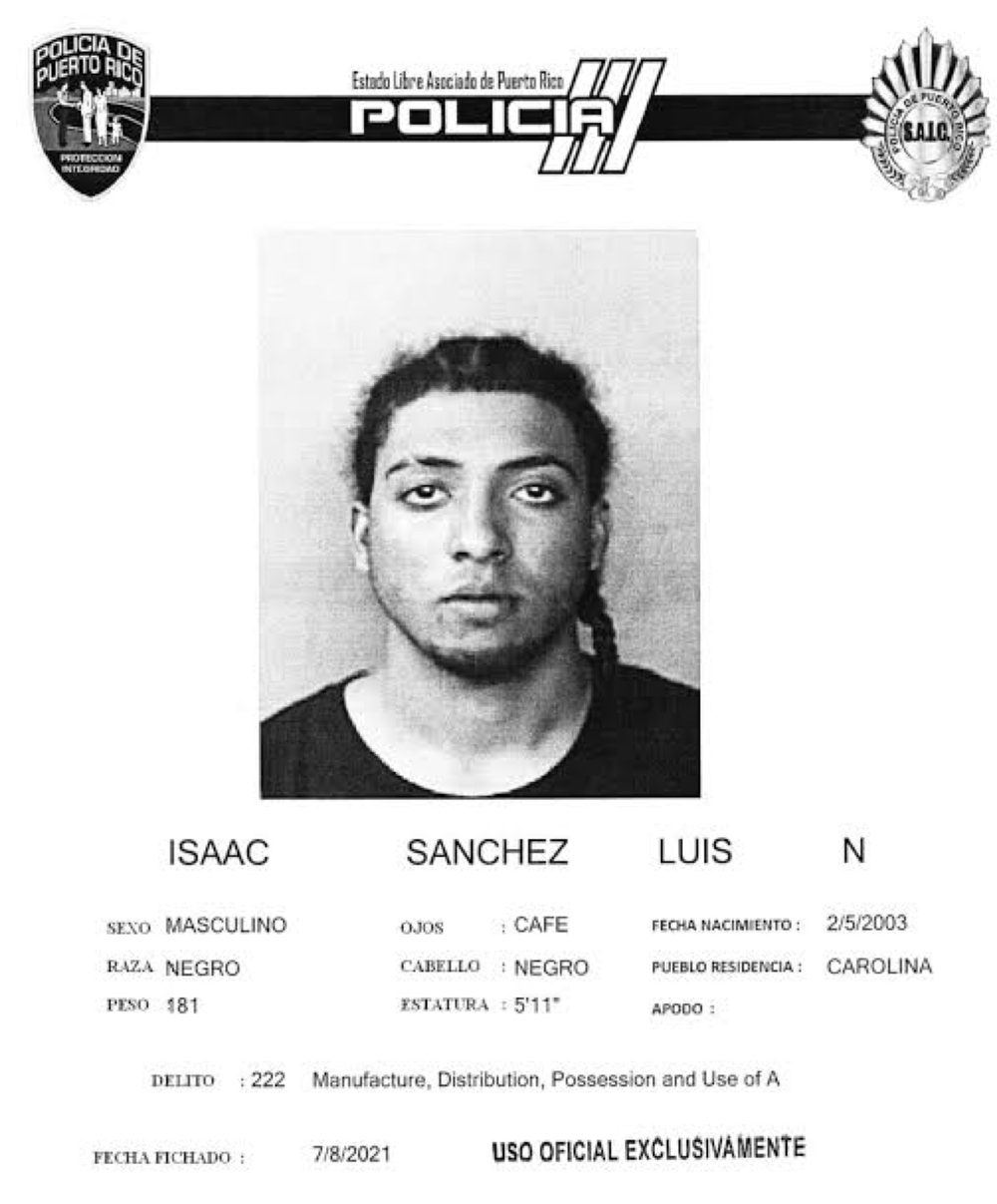 Ficha policial de archivo de Luis Nomar Isaac Sánchez, correspondiente a un arresto anterior en 2021