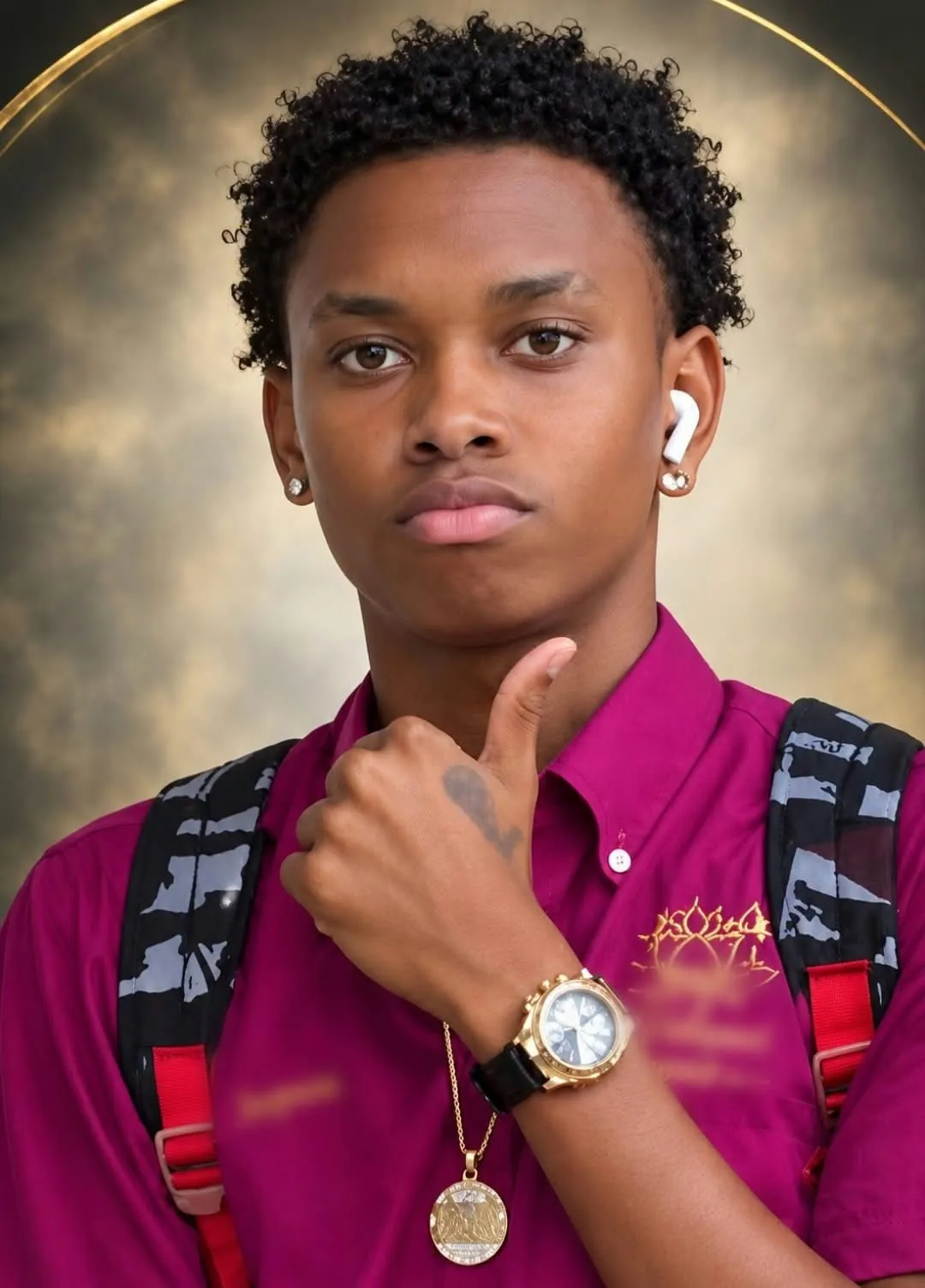 Retrato de Luis Alejandro Vázquez Rodríguez, «Ñato», joven de 17 años con polo magenta, reloj dorado, cadena con medalla y un audífono blanco.