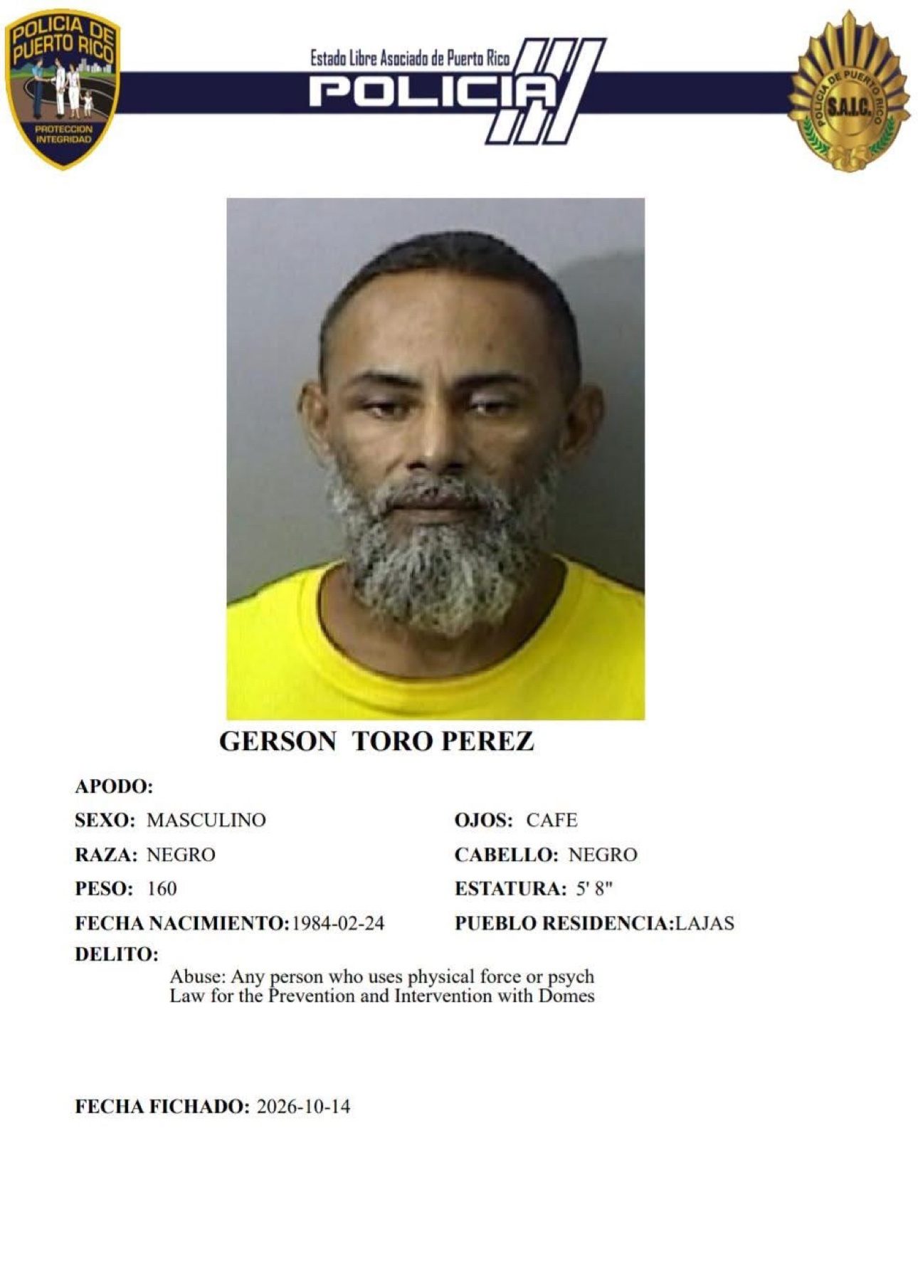 Ficha de arresto de Gerson Toro Pérez