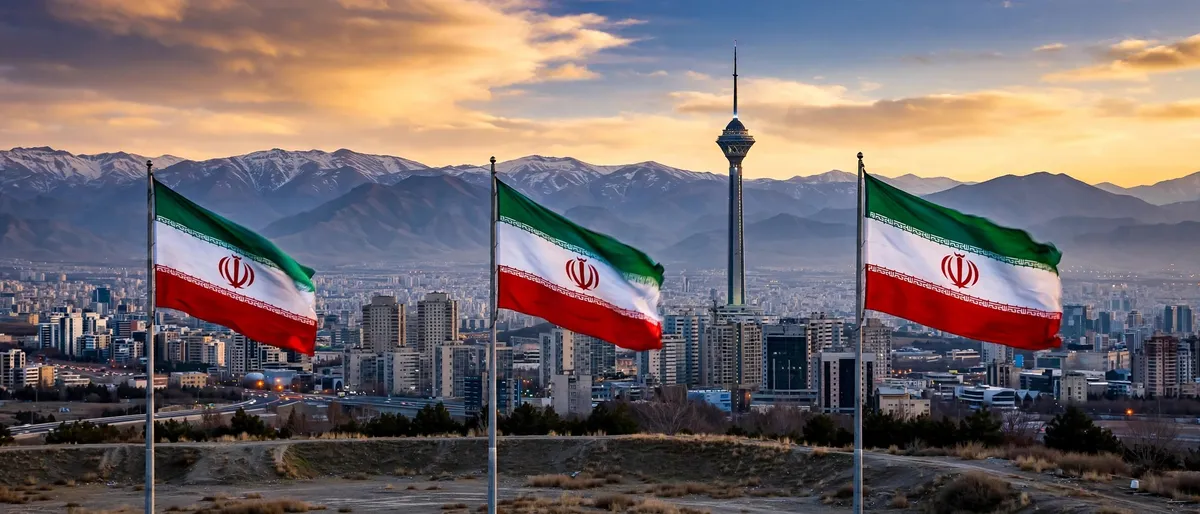 Tres banderas de Irán ondeando frente al perfil urbano de Teherán, con la Torre Milad y las montañas Alborz nevadas al fondo al atardecer