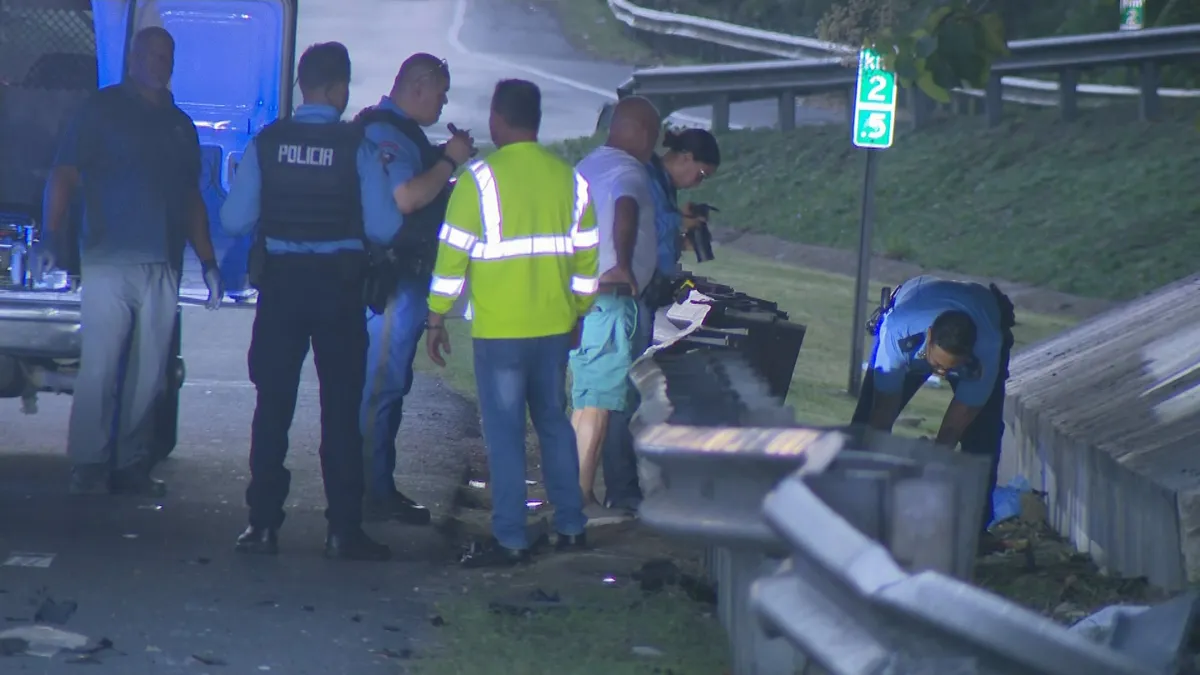 Agentes de la Policía y personal de emergencias junto a la valla impactada en el kilómetro 2.5 de la carretera PR-30, en Caguas