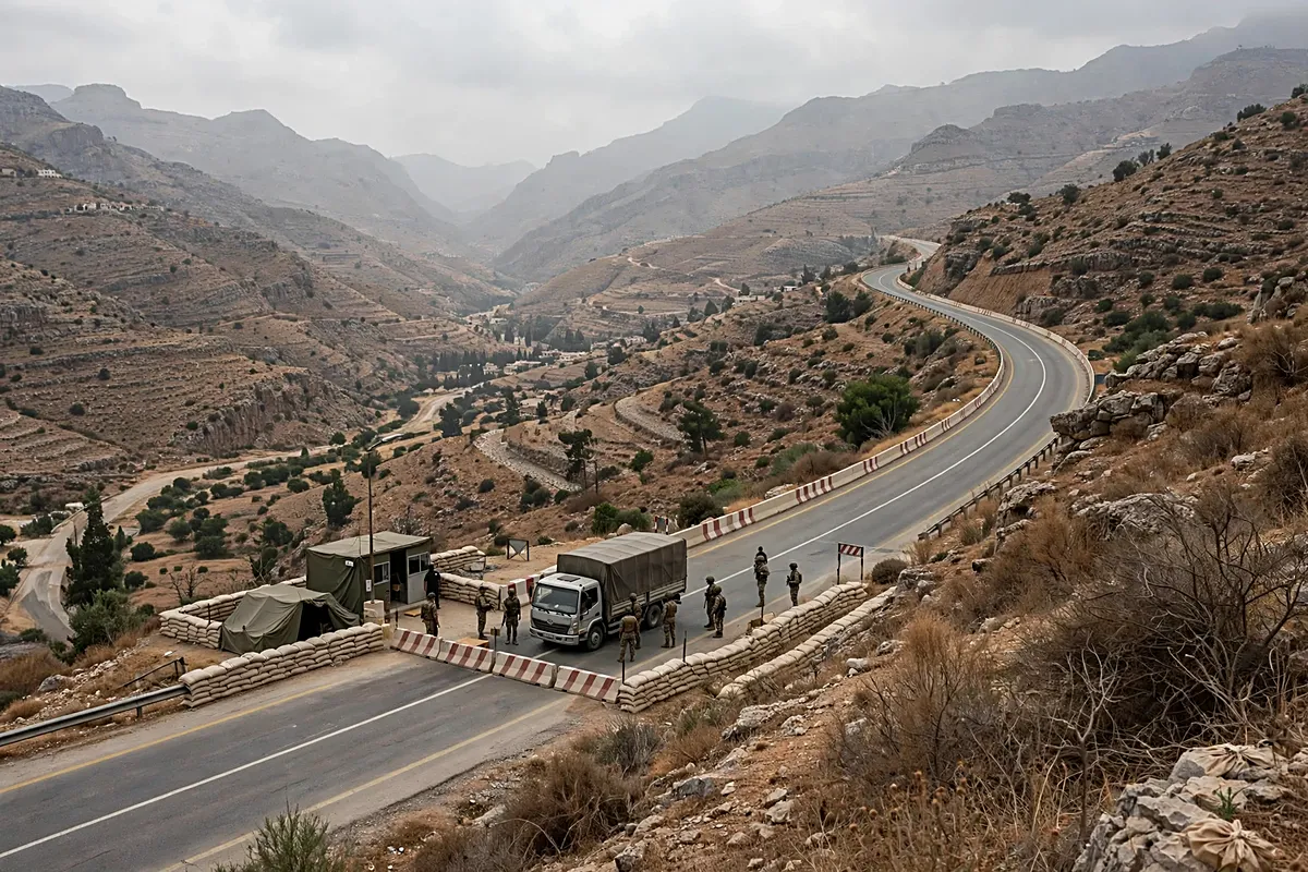 Retén militar en un paso de montaña del Líbano con un camión de carga detenido junto a sacos de arena y soldados inspeccionándolo, con la carretera serpenteando entre colinas áridas