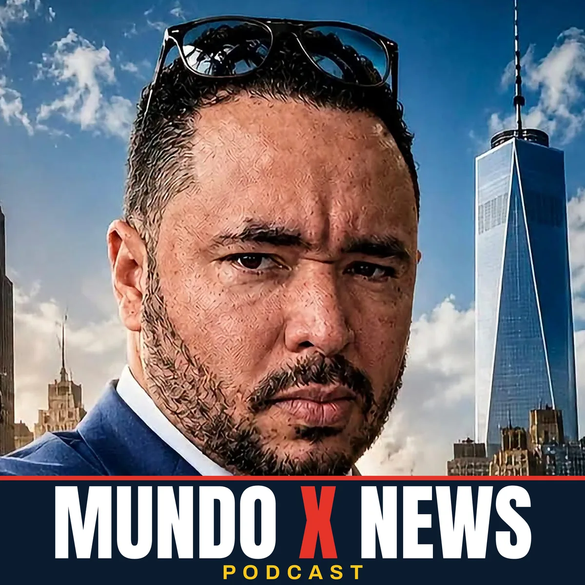 Fernando Vargas, presentador del podcast de Mundo X News, junto al logo Mundo X News Podcast
